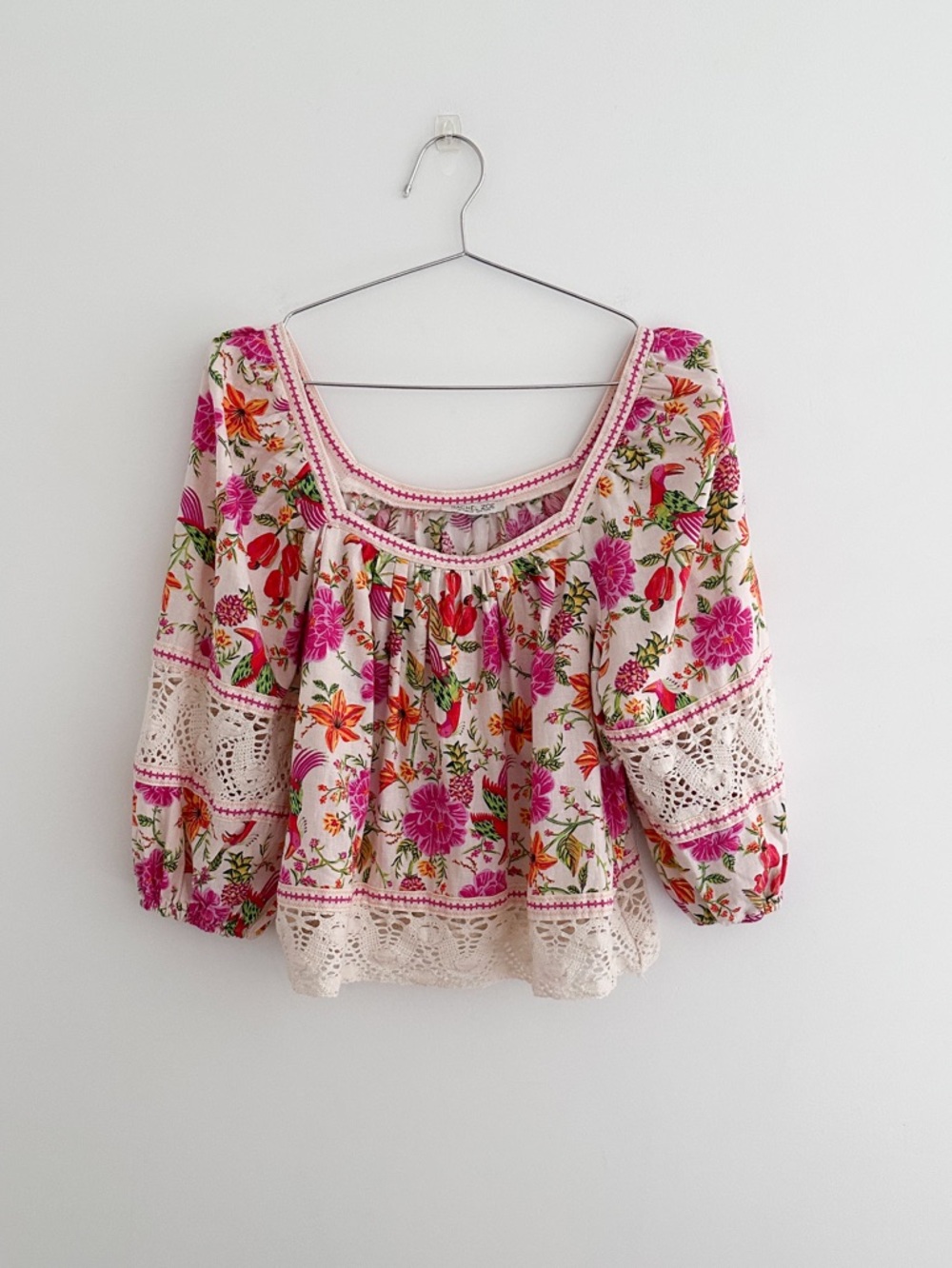 Rachel Zoe Tropical Floral Crochet Blouse | Resortwear Vacation Vibes | Small